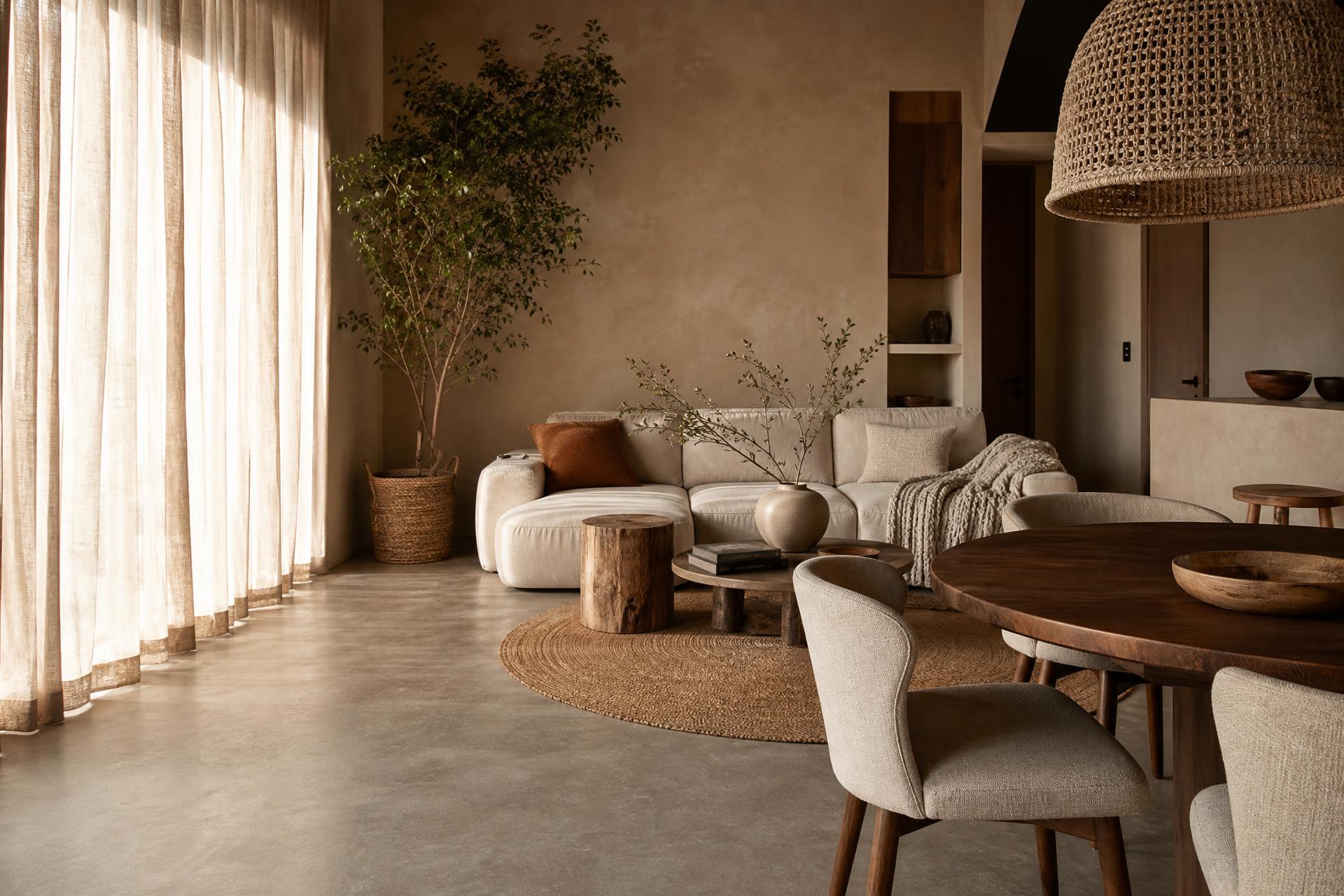 Japandi-style living and dining room with warm clay-plastered walls, an oak table and soft daylight