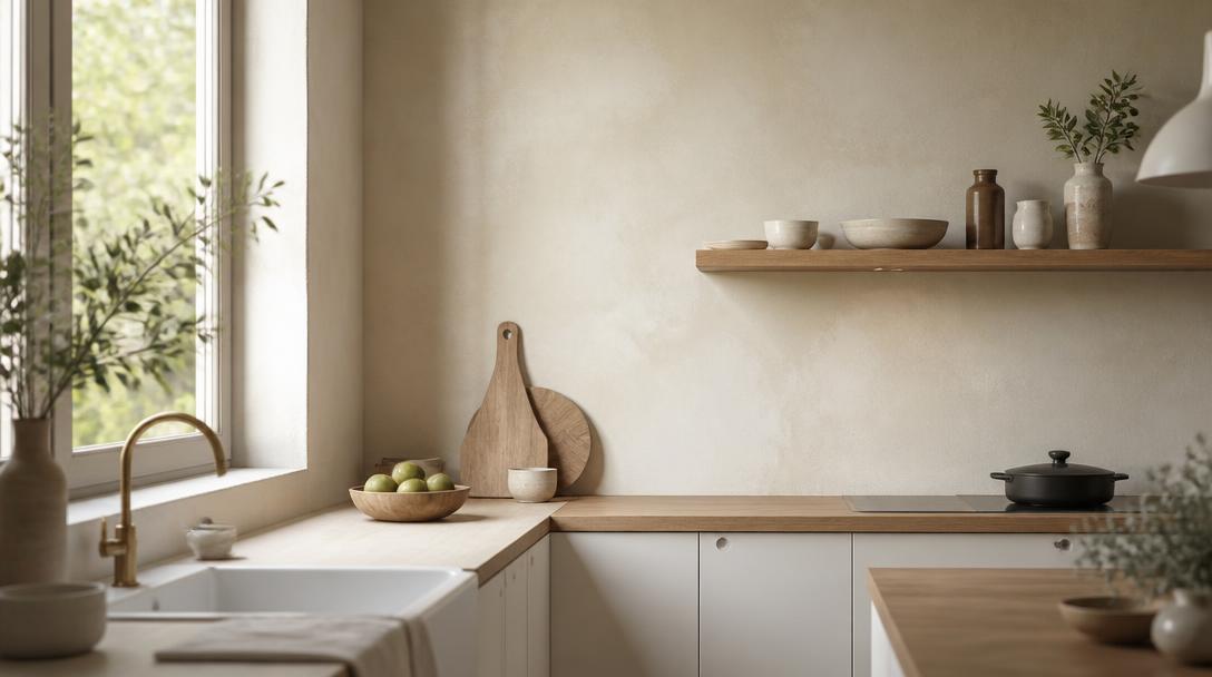 Minimaalne köök soojas päevavalguses, kus sein on viimistletud käsitsi paigaldatud lubikrohviga